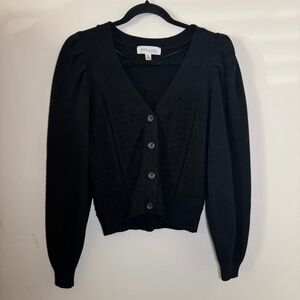 Philosophy: Soft Black Knit Cropped Button Front Puff Sleeve Cardigan Sweater